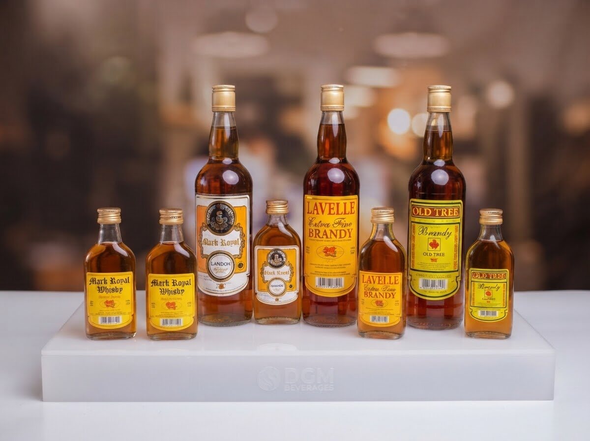 Mark Royal whisky, Lavelle brandy and Old Tree brandy bottles from Duncan Gilbey & Matheson (DGM Beverages)