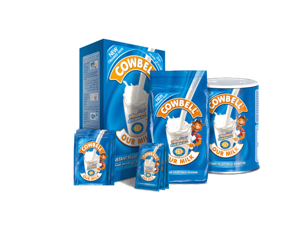 Cowbell instant filled milk powder packs, sachets and tin from Promasidor