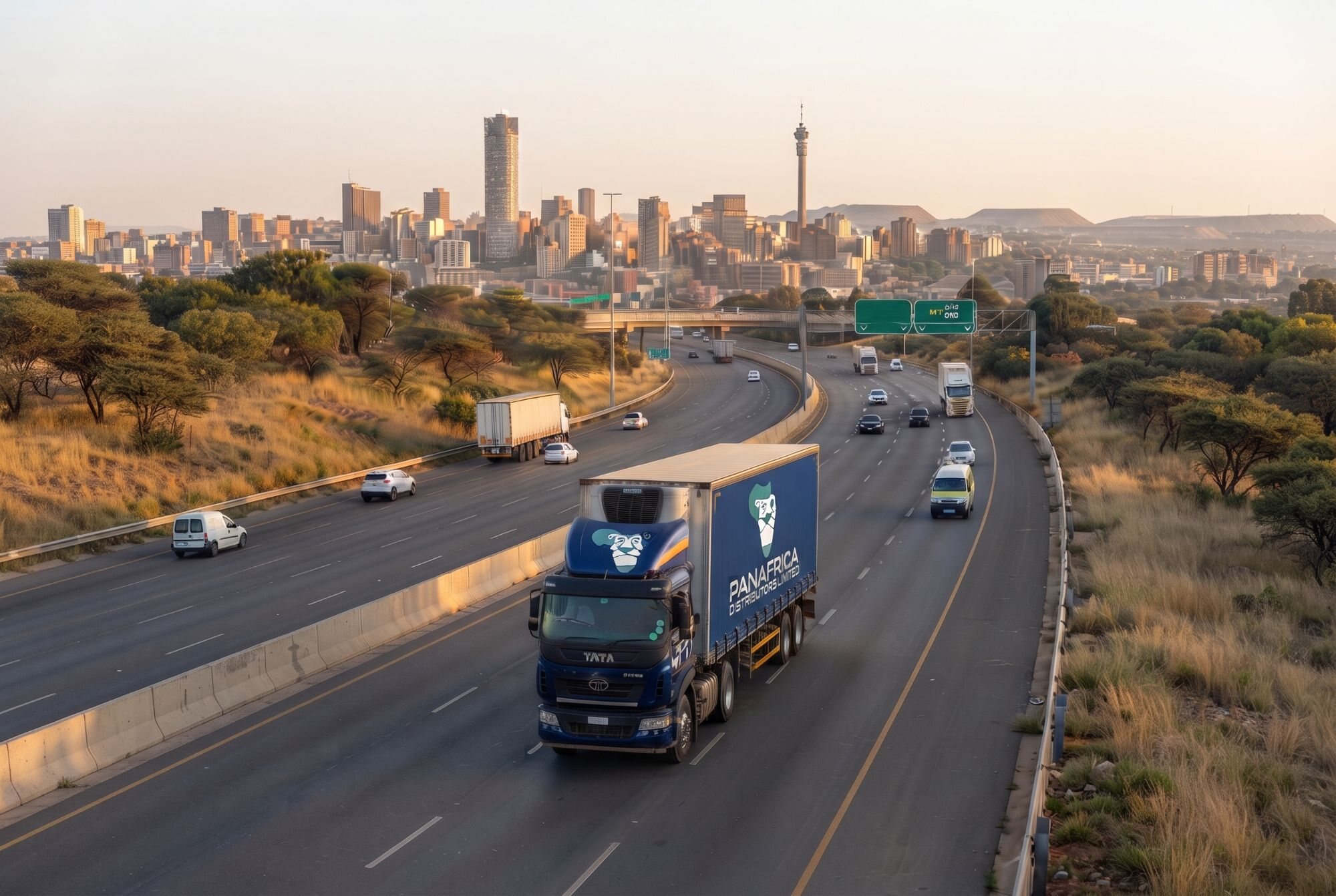 A Panafrica Distributors delivery truck driving on a multi-lane highway at sunset