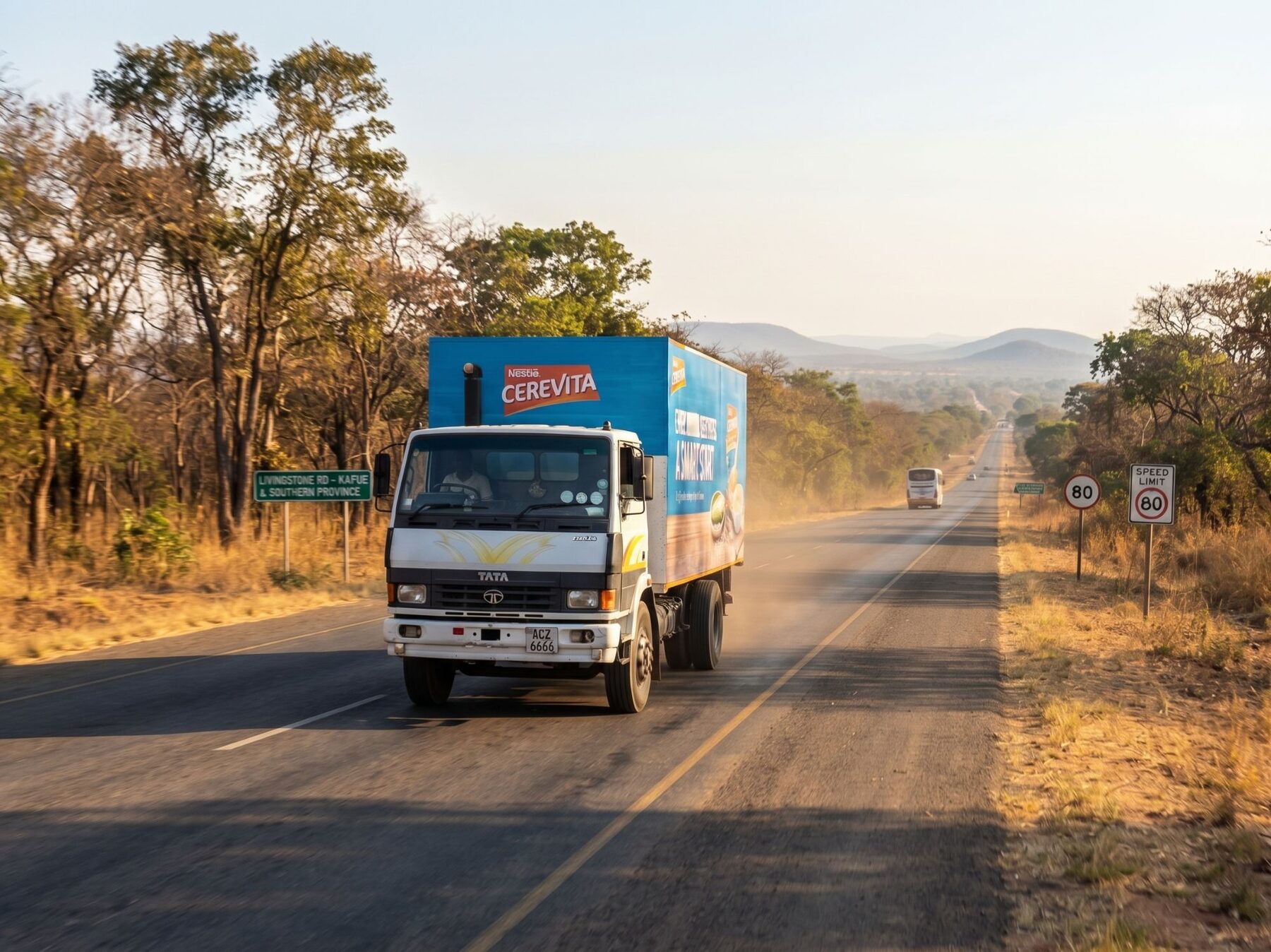 A Panafrica Distributors delivery truck on the highway in Southern Province, Zambia, with dry bush and hills in the evening light.