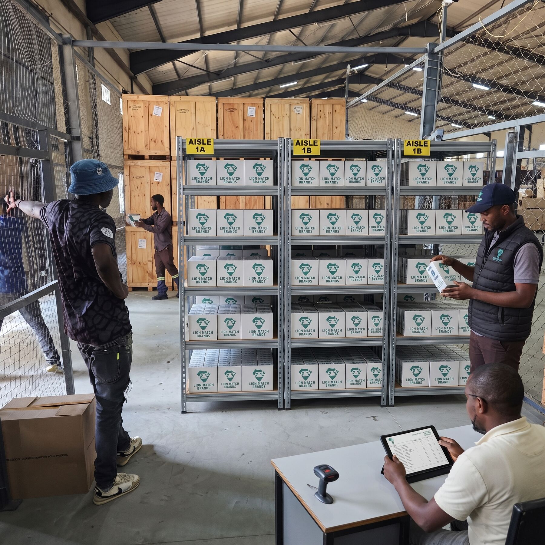 A deep warehouse aisle at Panafrica Distributors, shelving stacked with packaged fast-moving consumer goods under overhead lights.